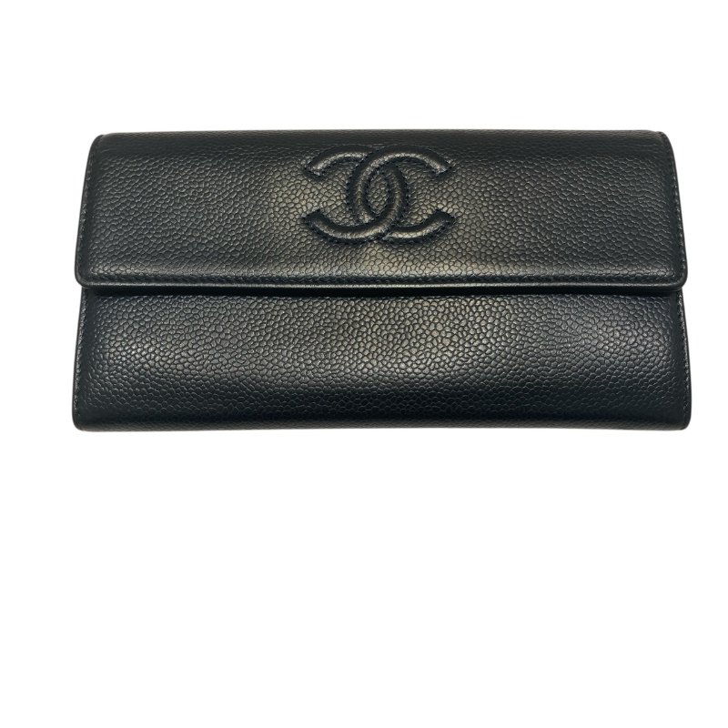 CHANEL 香奈兒 雙C LOGO口蓋長夾 荔枝皮 深藍 銀釦-0