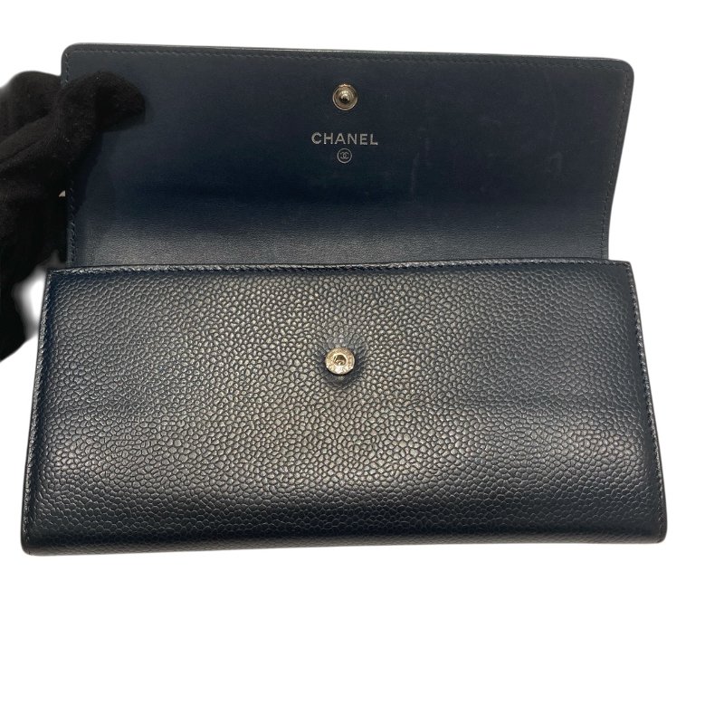 CHANEL 香奈兒 雙C LOGO口蓋長夾 荔枝皮 深藍 銀釦-3