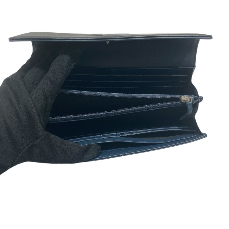 CHANEL 香奈兒 雙C LOGO口蓋長夾 荔枝皮 深藍 銀釦-4