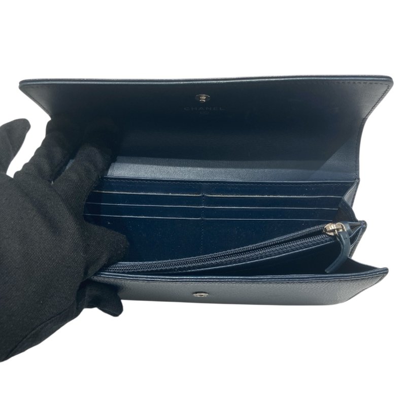 CHANEL 香奈兒 雙C LOGO口蓋長夾 荔枝皮 深藍 銀釦-5