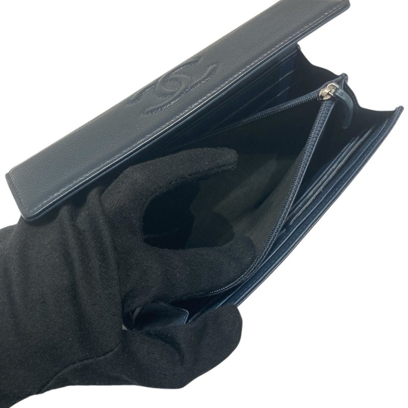 CHANEL 香奈兒 雙C LOGO口蓋長夾 荔枝皮 深藍 銀釦-6