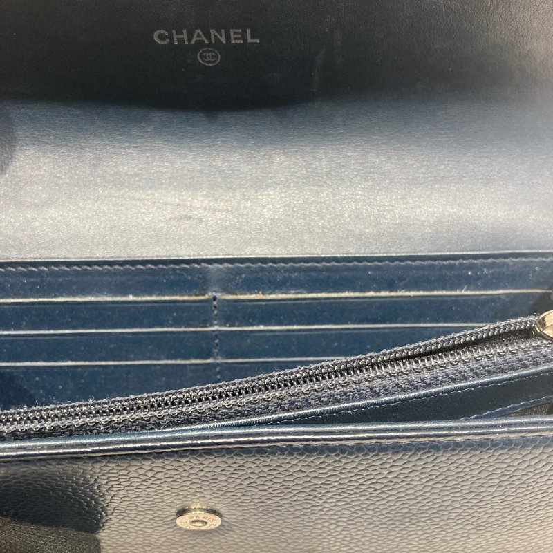 CHANEL 香奈兒 雙C LOGO口蓋長夾 荔枝皮 深藍 銀釦-7