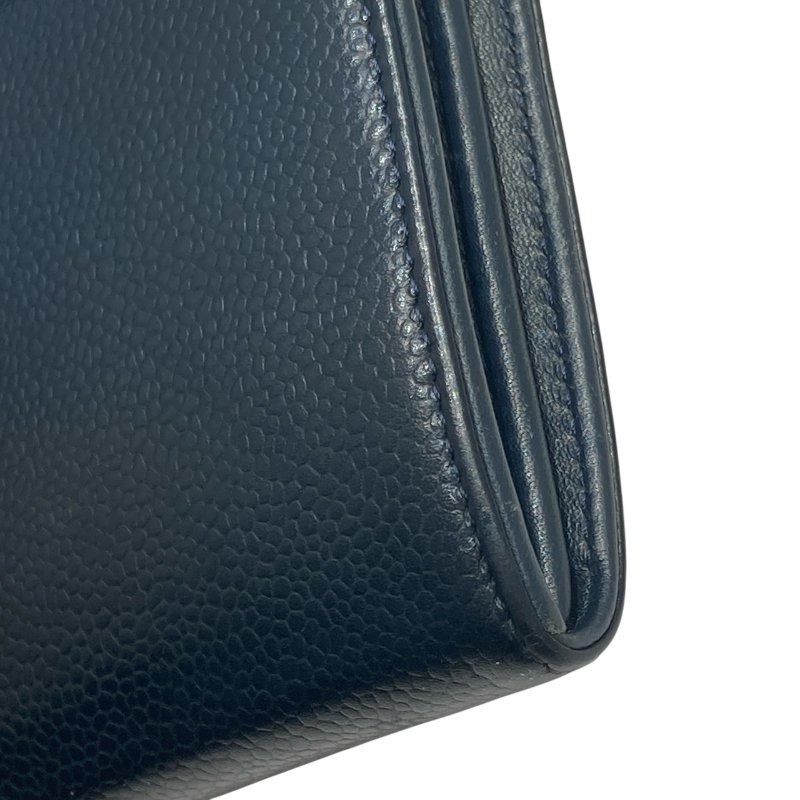 CHANEL 香奈兒 雙C LOGO口蓋長夾 荔枝皮 深藍 銀釦-9