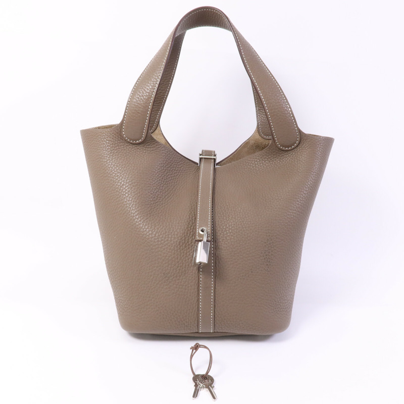 HERMES Clemence皮革Picotin MM銀扣手挽袋Etoupe-9