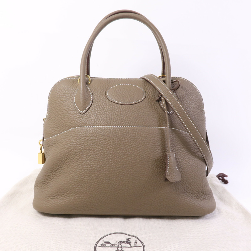 HERMES Clemence皮革Bolide 31金扣手挽肩背兩用袋Etoupe-9