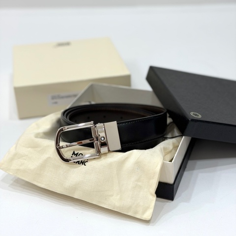 MONTBLANC 萬寶龍 雙面 黑色 棕色 馬蹄形 鍍鈀雙色 皮帶 腰帶