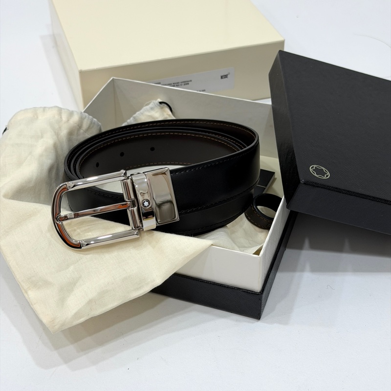 MONTBLANC 萬寶龍 雙面 黑色 棕色 馬蹄形 鍍鈀雙色 皮帶 腰帶-3