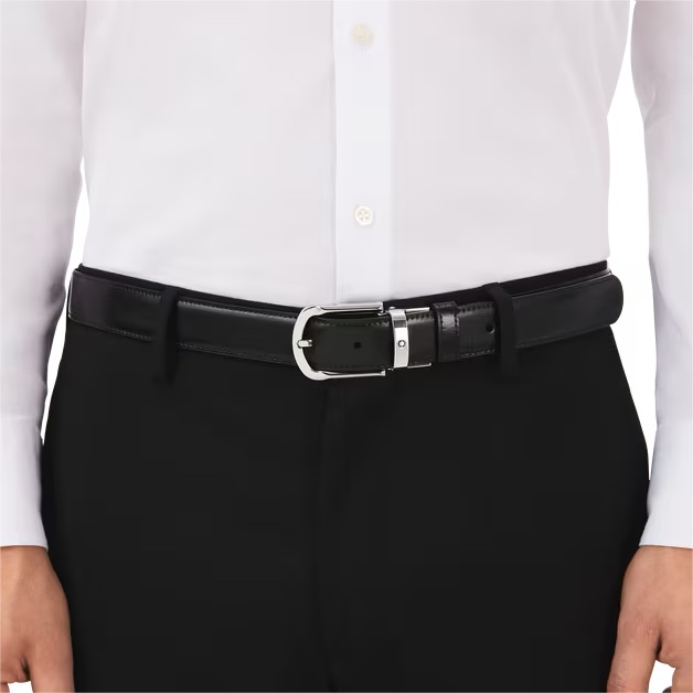 MONTBLANC 萬寶龍 雙面 黑色 棕色 馬蹄形 鍍鈀雙色 皮帶 腰帶-6