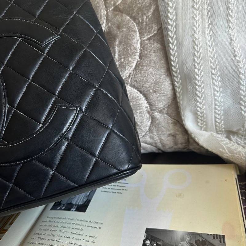 香奈兒 黑色 皮革 希爾頓包 黑銀 托特包 中古 包包 手袋 vintage chanel bag-3