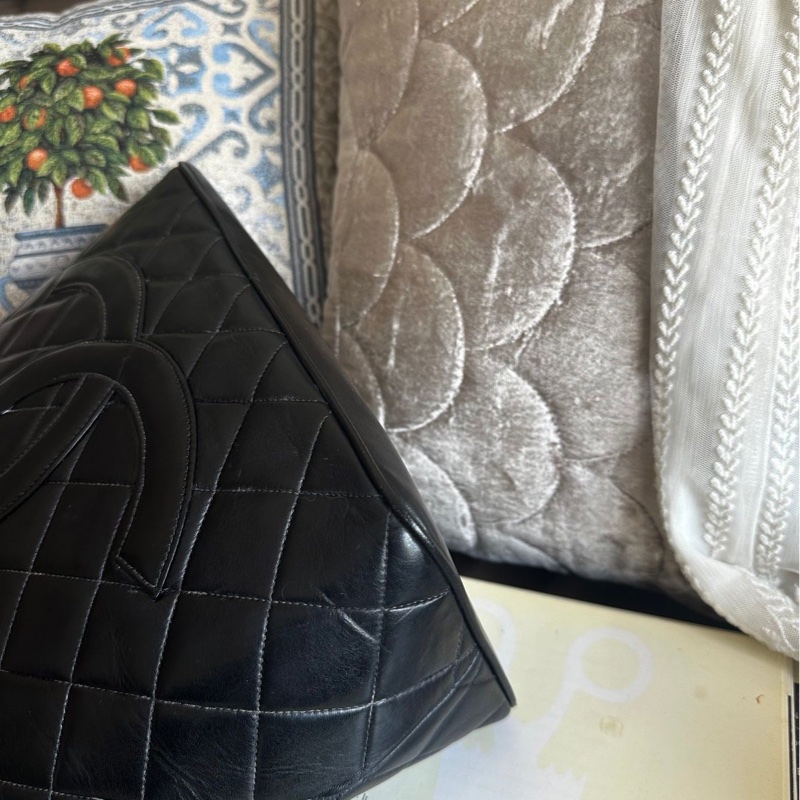 香奈兒 黑色 皮革 希爾頓包 黑銀 托特包 中古 包包 手袋 vintage chanel bag-4