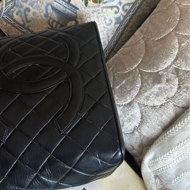 香奈兒 黑色 皮革 希爾頓包 黑銀 托特包 中古 包包 手袋 vintage chanel bag-5