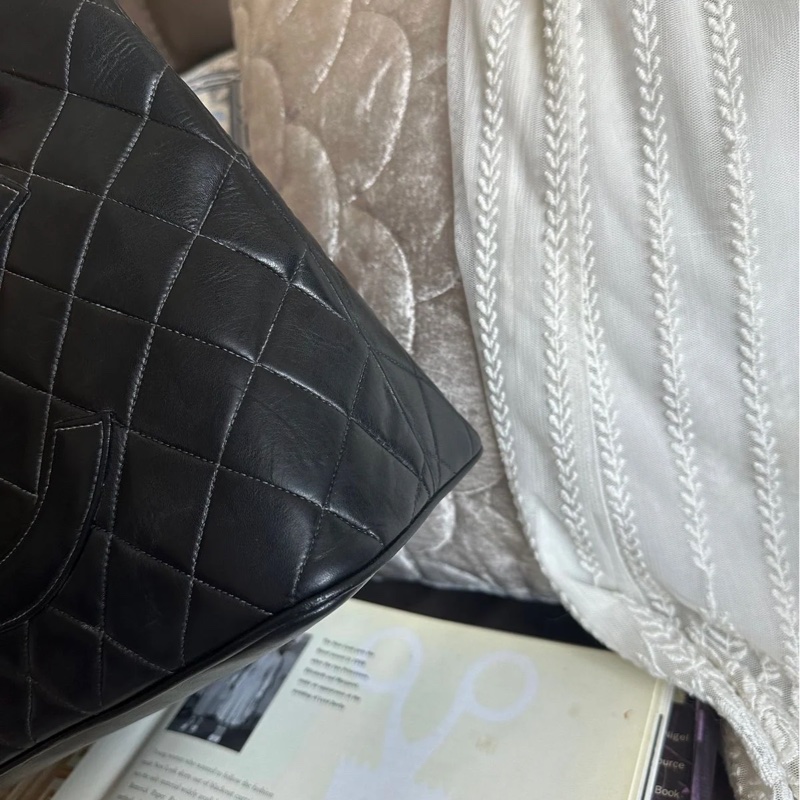 香奈兒 黑色 皮革 希爾頓包 黑銀 托特包 中古 包包 手袋 vintage chanel bag-6