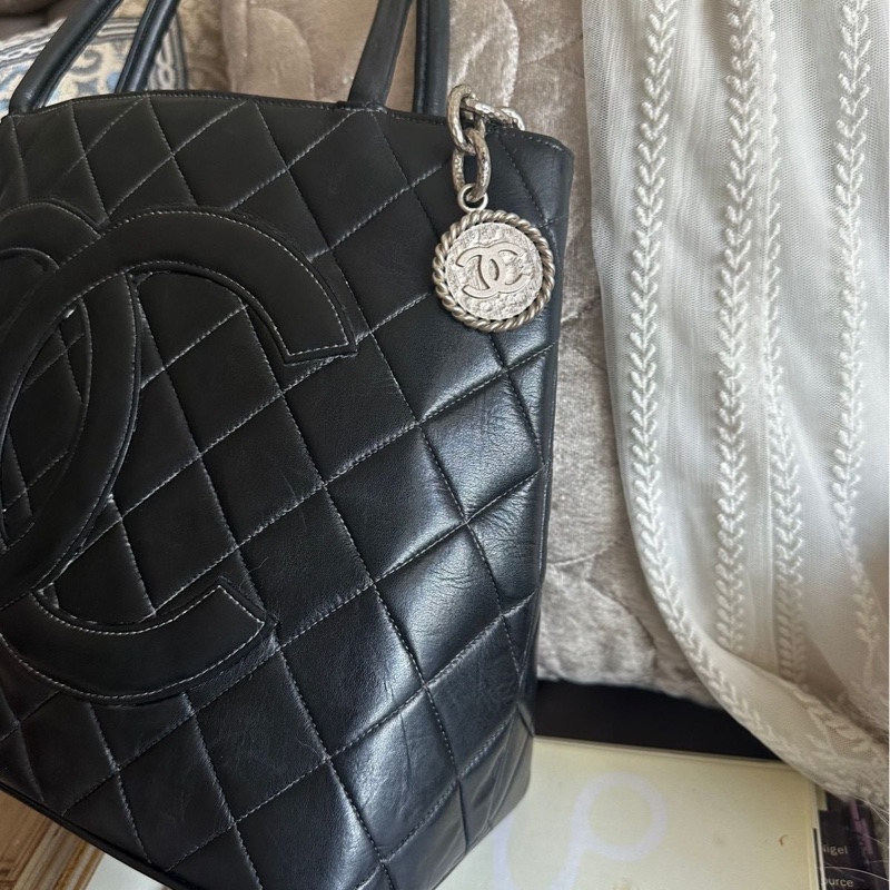 香奈兒 黑色 皮革 希爾頓包 黑銀 托特包 中古 包包 手袋 vintage chanel bag-7