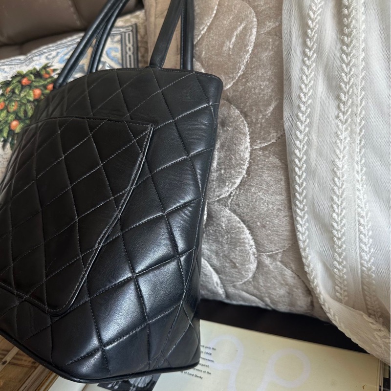 香奈兒 黑色 皮革 希爾頓包 黑銀 托特包 中古 包包 手袋 vintage chanel bag-9