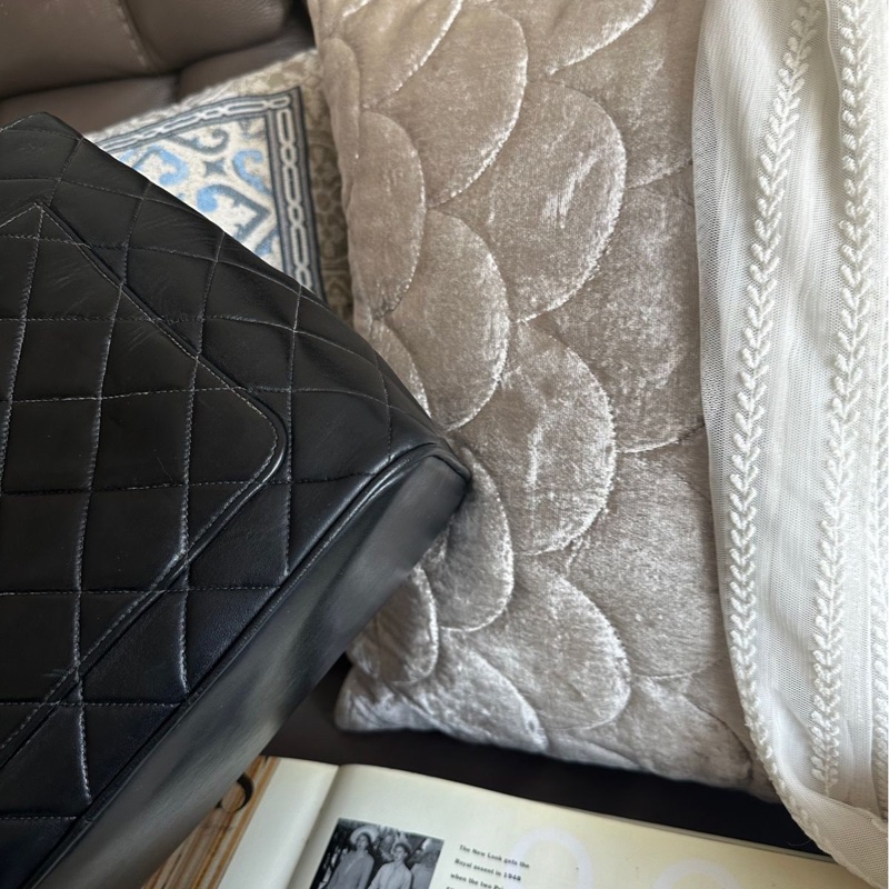香奈兒 黑色 皮革 希爾頓包 黑銀 托特包 中古 包包 手袋 vintage chanel bag-10