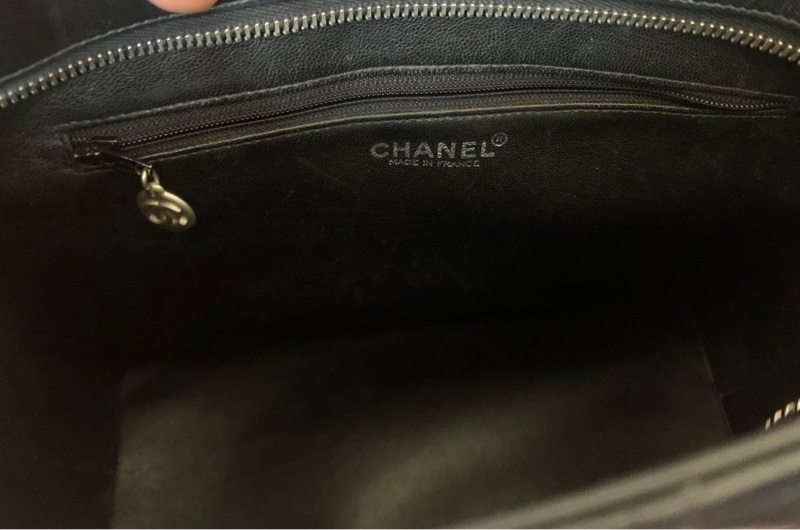 香奈兒 黑色 皮革 希爾頓包 黑銀 托特包 中古 包包 手袋 vintage chanel bag-16