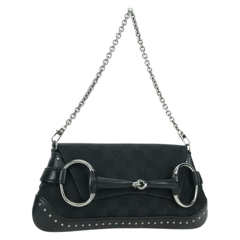 GUCCI 馬銜扣鏈條 GG 帆布單肩包 黑色 銀色 119186 正品 ARZ578SAV