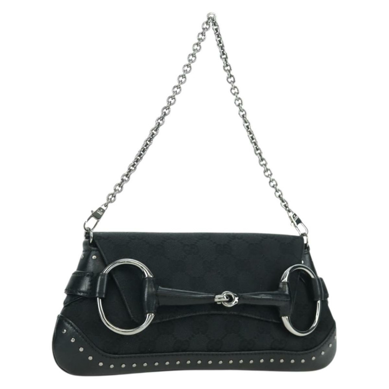 【日本直送】GUCCI 馬銜扣鏈條 GG 帆布單肩包 黑色 銀色 119186 正品 ARZ578SAV-0