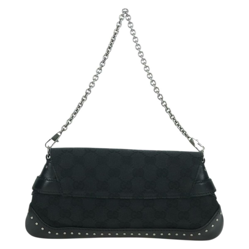 【日本直送】GUCCI 馬銜扣鏈條 GG 帆布單肩包 黑色 銀色 119186 正品 ARZ578SAV-1
