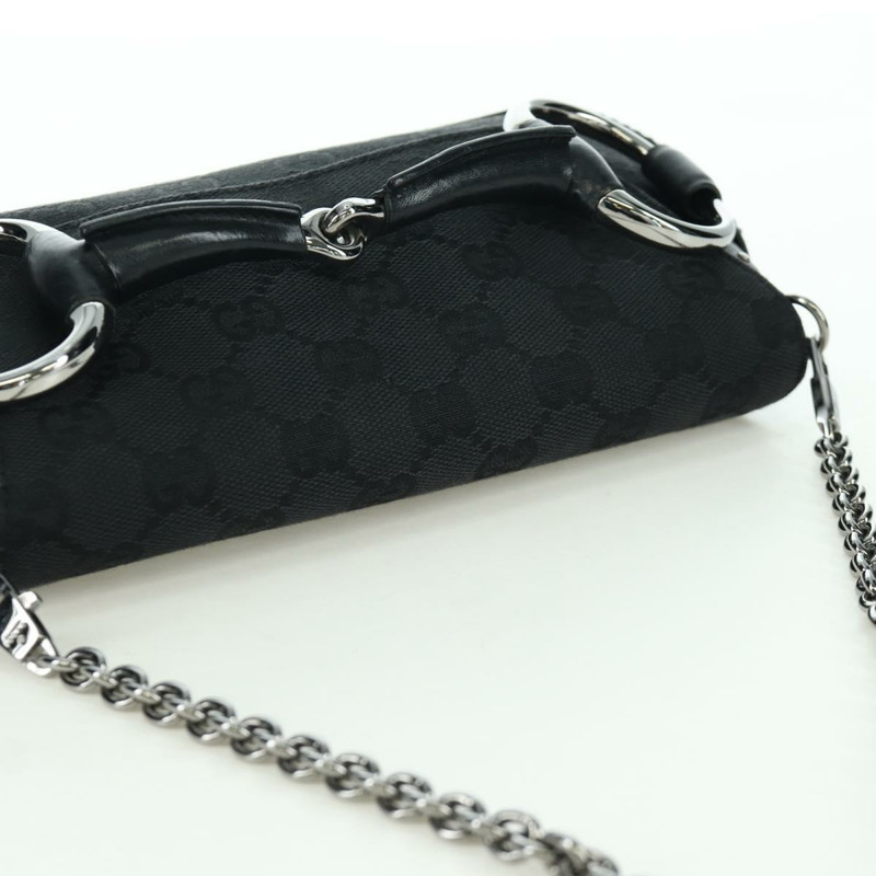 【日本直送】GUCCI 馬銜扣鏈條 GG 帆布單肩包 黑色 銀色 119186 正品 ARZ578SAV-5