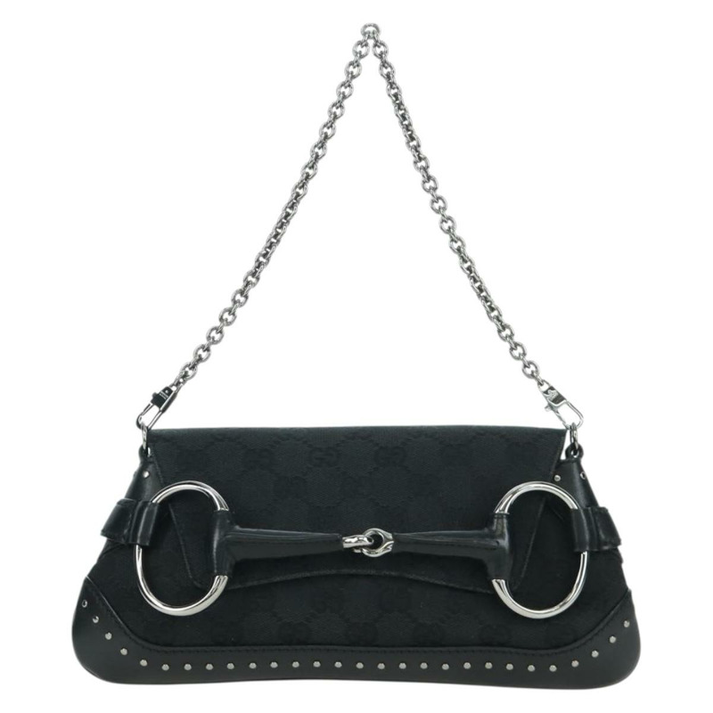 【日本直送】GUCCI 馬銜扣鏈條 GG 帆布單肩包 黑色 銀色 119186 正品 ARZ578SAV-12