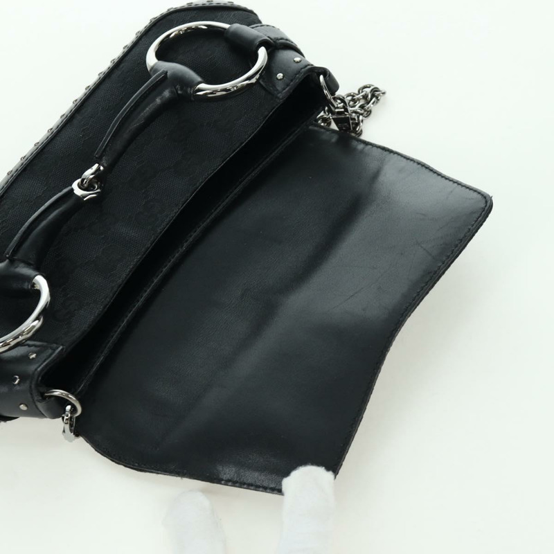 【日本直送】GUCCI 馬銜扣鏈條 GG 帆布單肩包 黑色 銀色 119186 正品 ARZ578SAV-17