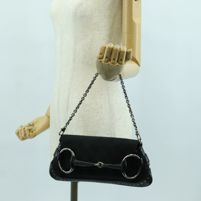 【日本直送】GUCCI 馬銜扣鏈條 GG 帆布單肩包 黑色 銀色 119186 正品 ARZ578SAV-22