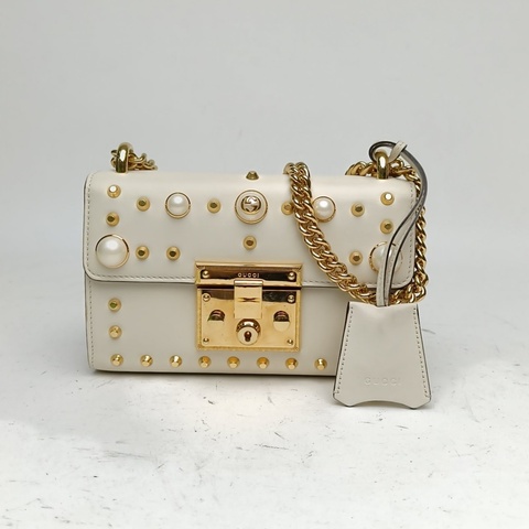 GUCCI Padlock鎖頭包盒子包小號珍珠裝飾白色牛皮