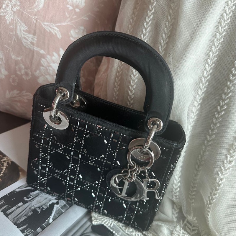 迪奧經典迷你手袋 三格戴妃包 滿天星限定款 黑色 手提包 斜挎包 Christian Dior Dior Mini Lady Dior Bag Black Strass Cannage Satin bag 斜背側背 水鑽-2