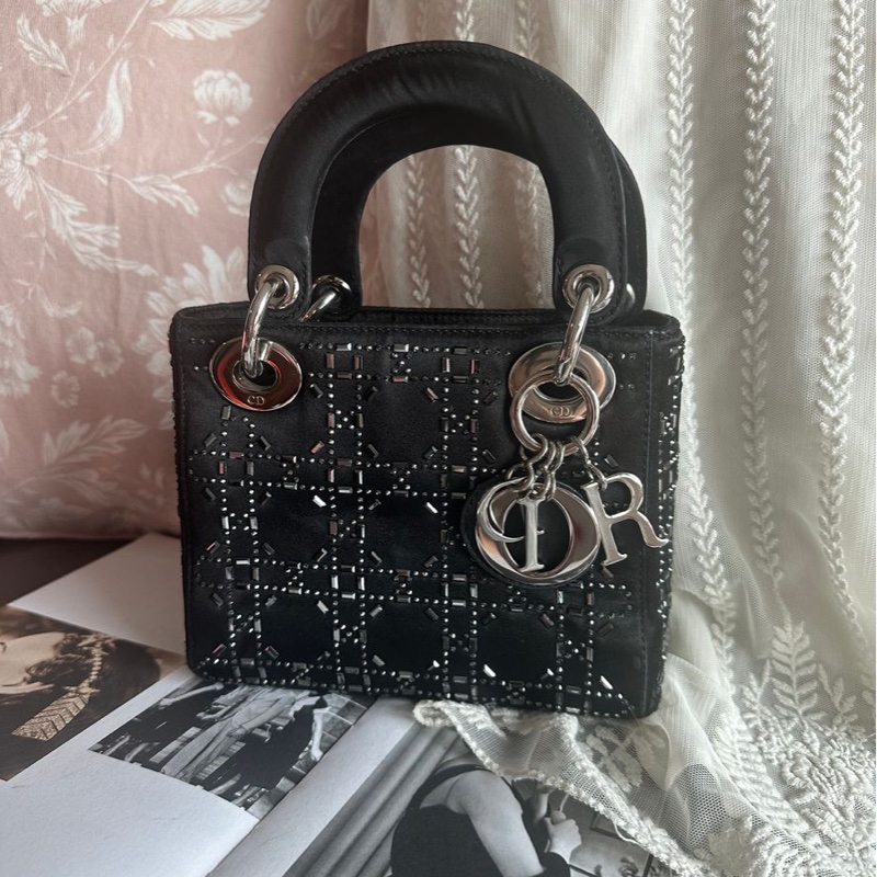 迪奧經典迷你手袋 三格戴妃包 滿天星限定款 黑色 手提包 斜挎包 Christian Dior Dior Mini Lady Dior Bag Black Strass Cannage Satin bag 斜背側背 水鑽-7