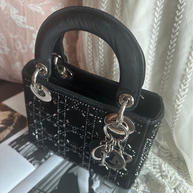 迪奧經典迷你手袋 三格戴妃包 滿天星限定款 黑色 手提包 斜挎包 Christian Dior Dior Mini Lady Dior Bag Black Strass Cannage Satin bag 斜背側背 水鑽-10