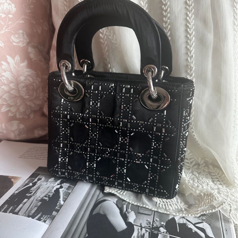 迪奧經典迷你手袋 三格戴妃包 滿天星限定款 黑色 手提包 斜挎包 Christian Dior Dior Mini Lady Dior Bag Black Strass Cannage Satin bag 斜背側背 水鑽-11