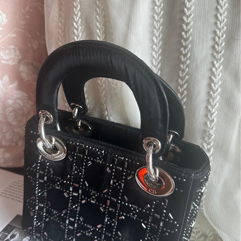 迪奧經典迷你手袋 三格戴妃包 滿天星限定款 黑色 手提包 斜挎包 Christian Dior Dior Mini Lady Dior Bag Black Strass Cannage Satin bag 斜背側背 水鑽-12