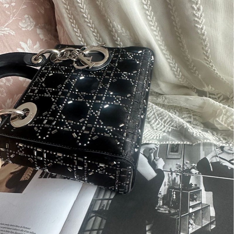 迪奧經典迷你手袋 三格戴妃包 滿天星限定款 黑色 手提包 斜挎包 Christian Dior Dior Mini Lady Dior Bag Black Strass Cannage Satin bag 斜背側背 水鑽-13