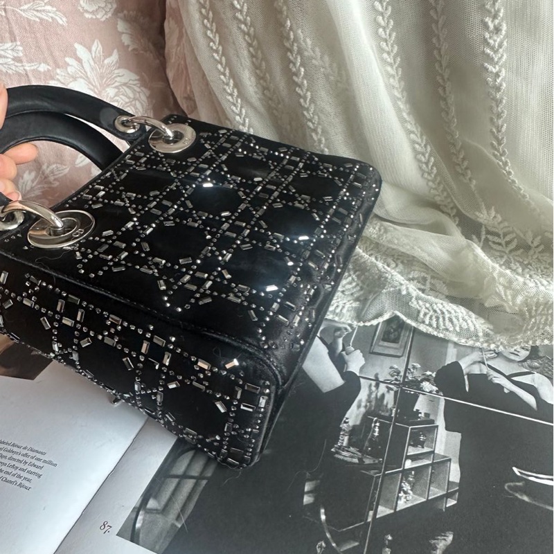 迪奧經典迷你手袋 三格戴妃包 滿天星限定款 黑色 手提包 斜挎包 Christian Dior Dior Mini Lady Dior Bag Black Strass Cannage Satin bag 斜背側背 水鑽-15