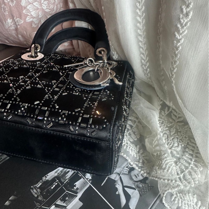 迪奧經典迷你手袋 三格戴妃包 滿天星限定款 黑色 手提包 斜挎包 Christian Dior Dior Mini Lady Dior Bag Black Strass Cannage Satin bag 斜背側背 水鑽-17