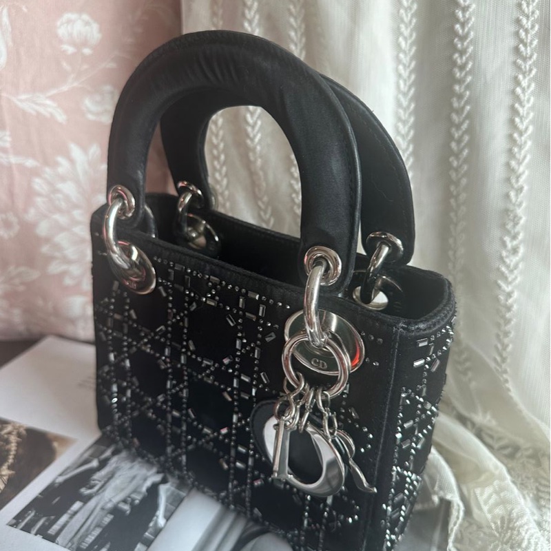 迪奧經典迷你手袋 三格戴妃包 滿天星限定款 黑色 手提包 斜挎包 Christian Dior Dior Mini Lady Dior Bag Black Strass Cannage Satin bag 斜背側背 水鑽-20