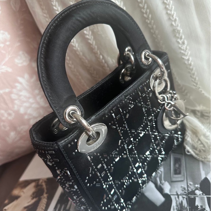 迪奧經典迷你手袋 三格戴妃包 滿天星限定款 黑色 手提包 斜挎包 Christian Dior Dior Mini Lady Dior Bag Black Strass Cannage Satin bag 斜背側背 水鑽-21