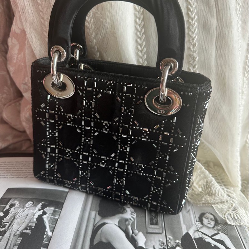 迪奧經典迷你手袋 三格戴妃包 滿天星限定款 黑色 手提包 斜挎包 Christian Dior Dior Mini Lady Dior Bag Black Strass Cannage Satin bag 斜背側背 水鑽-24