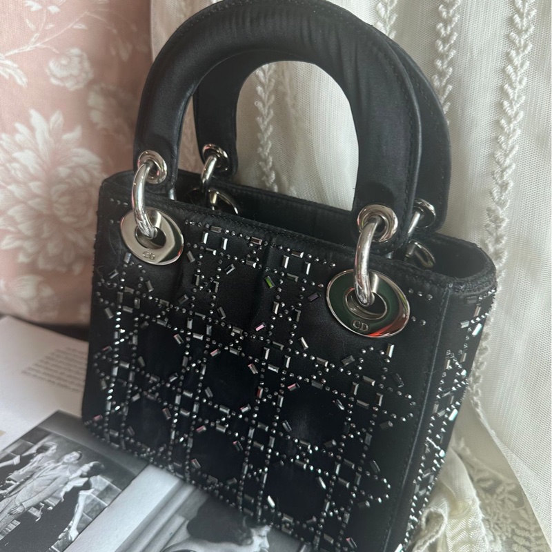 迪奧經典迷你手袋 三格戴妃包 滿天星限定款 黑色 手提包 斜挎包 Christian Dior Dior Mini Lady Dior Bag Black Strass Cannage Satin bag 斜背側背 水鑽-28