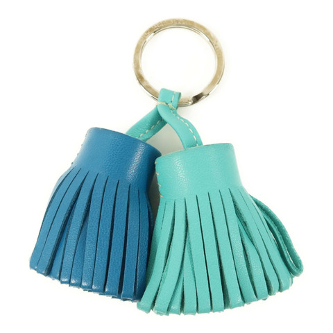 HERMES Milo皮革Carmen Duo銀扣鎖匙扣Bleu Izmir/Lagon