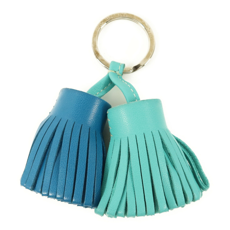 HERMES Milo皮革Carmen Duo銀扣鎖匙扣Bleu Izmir/Lagon-0