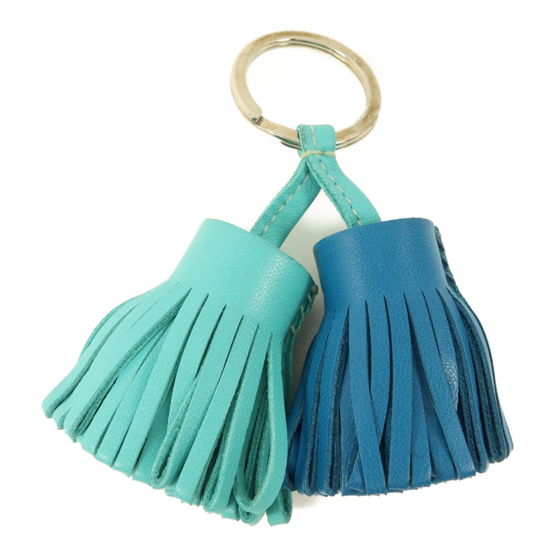 HERMES Milo皮革Carmen Duo銀扣鎖匙扣Bleu Izmir/Lagon-1
