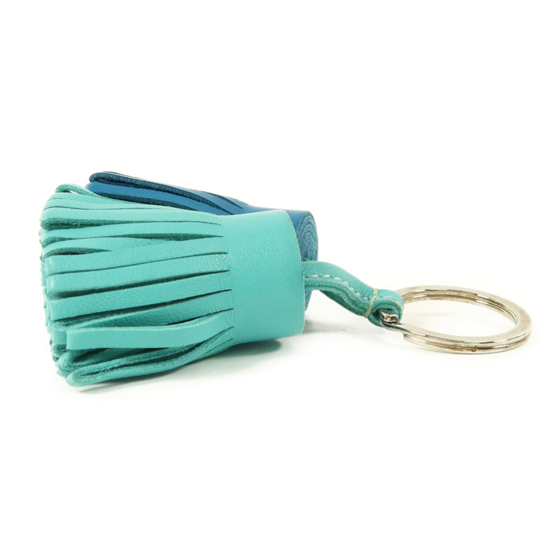 HERMES Milo皮革Carmen Duo銀扣鎖匙扣Bleu Izmir/Lagon-3