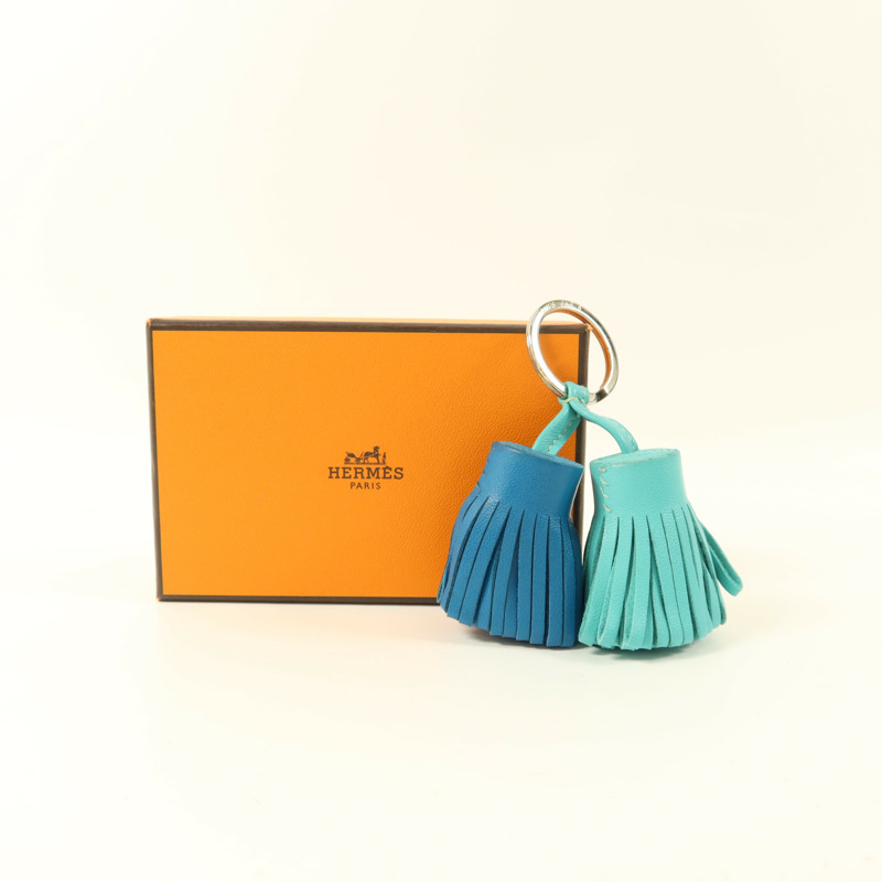 HERMES Milo皮革Carmen Duo銀扣鎖匙扣Bleu Izmir/Lagon-8