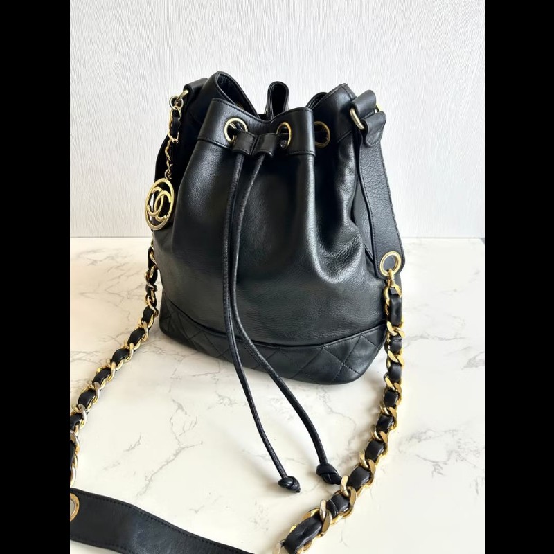 【LA LUNE】絕版中古包 Chanel黑色金扣水桶包 側背包 單肩包 斜孭包 二手包-3