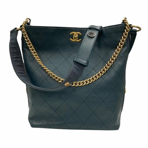 CHANEL 香奈兒 AS1460 HOBO 小型 皮革菱格紋 側背包 藍綠