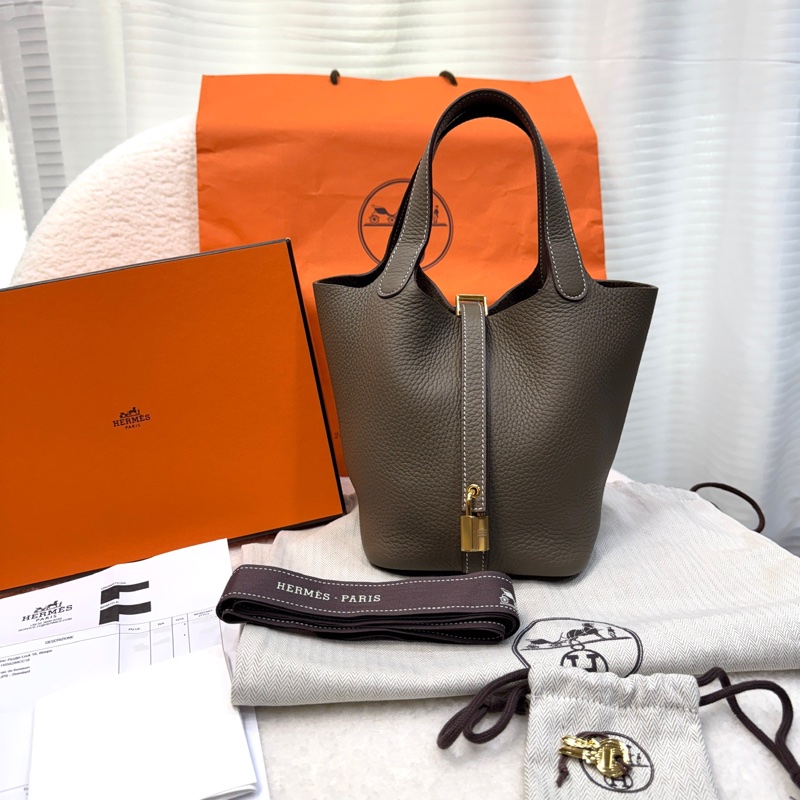 愛馬仕菜籃子Hermes Picotin18大象灰18 Etoupe 金釦T/C皮 #H056289 W刻-1