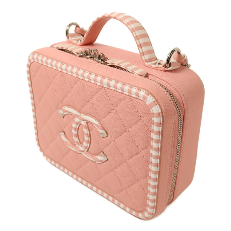 CHANEL 牛皮皮革Vanity Case銀扣鏈帶手挽肩背兩用袋-2