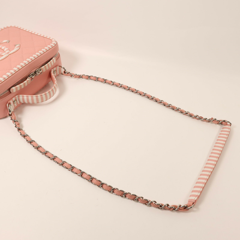 CHANEL 牛皮皮革Vanity Case銀扣鏈帶手挽肩背兩用袋-7